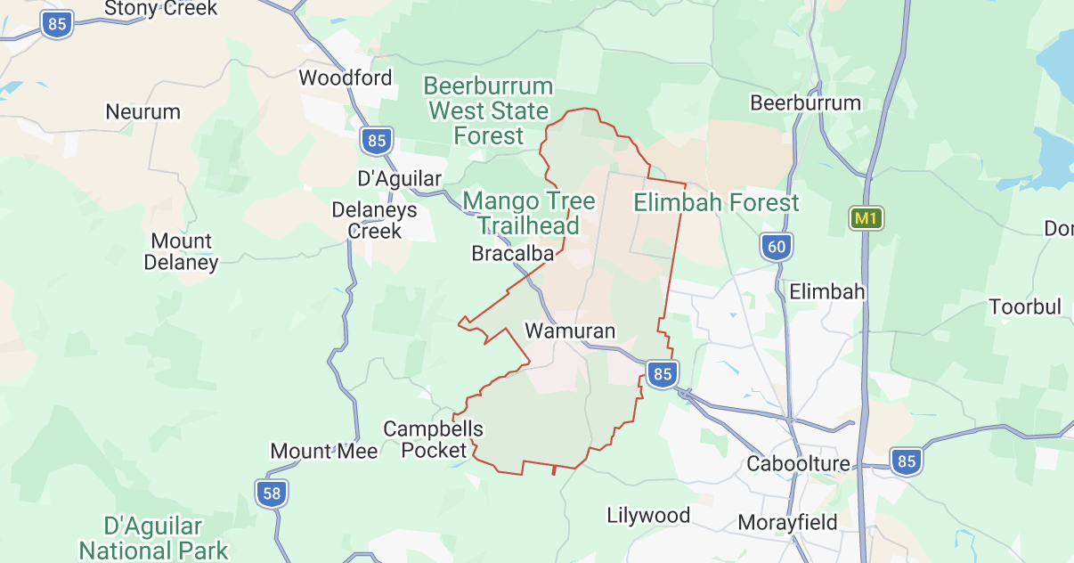 Map of the Wamuran water delivery service area, including Bracalba, Mount Mee, Campbells Pocket and surrounding Moreton Bay region