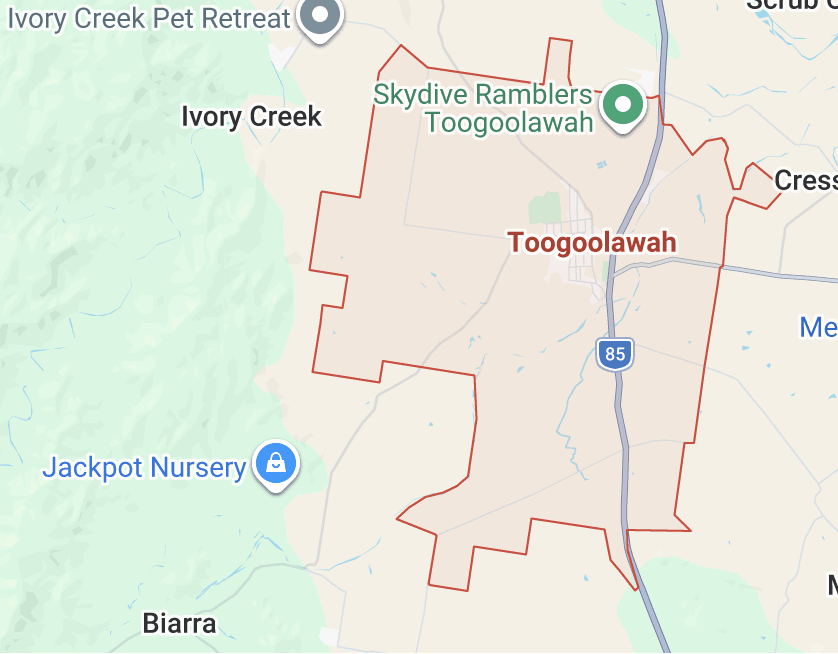 Map showing the Off-Tap Domestic Water service area around Toogoolawah, including Biarra, Ivory Creek, Cressbrook and surrounding Somerset localities