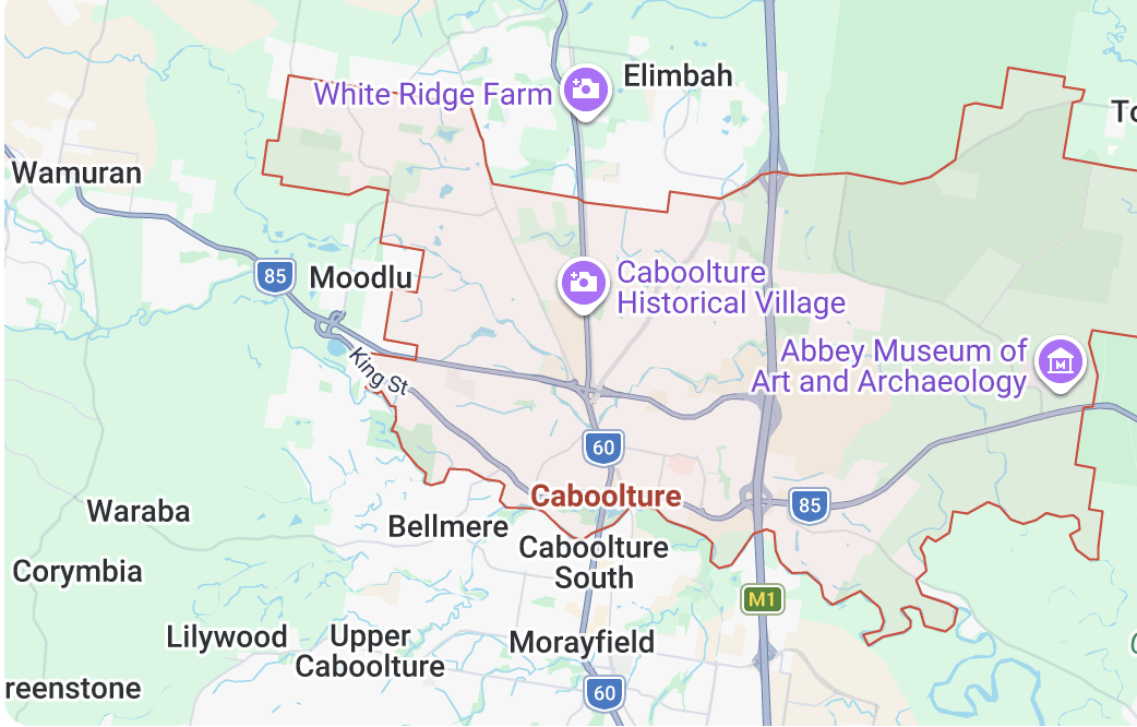 Map of the Caboolture water delivery service area, including Morayfield, Bellmere, Upper Caboolture, Elimbah and Moodlu