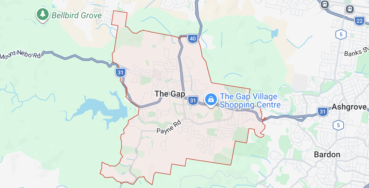 Map showing the Off-Tap Domestic Water service area around The Gap, Brisbane, including Ashgrove, Bardon, Bellbird Grove and surrounding suburbs