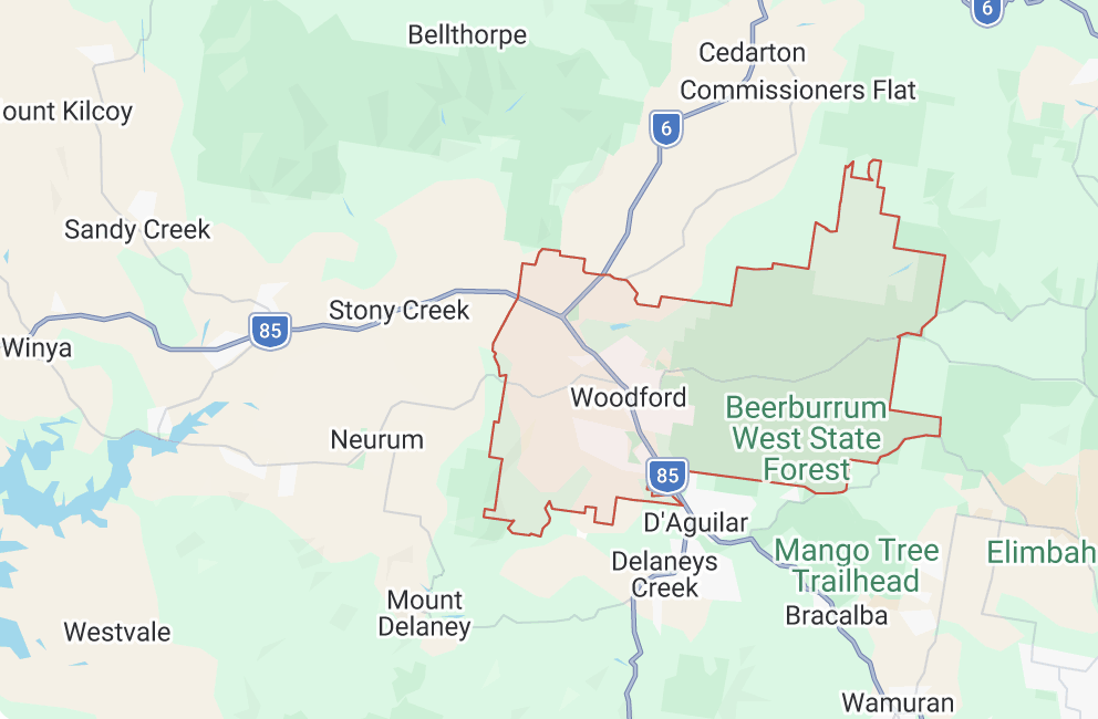 Map showing the Off-Tap Domestic Water service area around Woodford, including D'Aguilar, Delaneys Creek, Wamuran, Bracalba, Neurum and surrounding localities