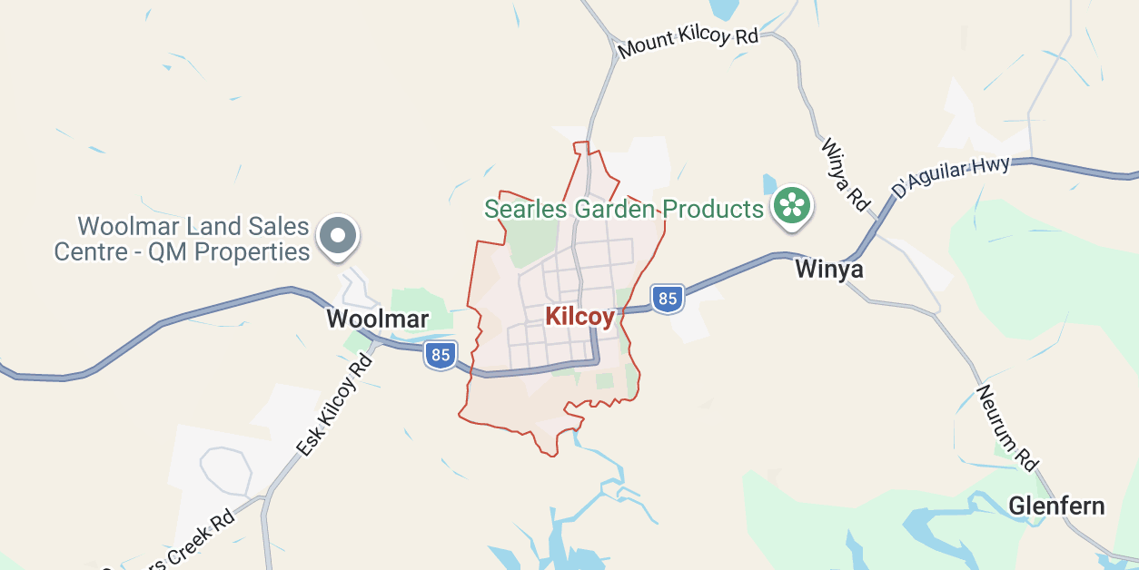 Map of the Kilcoy water delivery service area, including Woolmar, Winya, Glenfern and the surrounding Somerset region